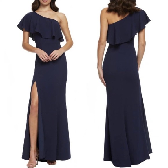 NEW Dress The Population Frida Midnight Blue One Shoulder Crepe Gown